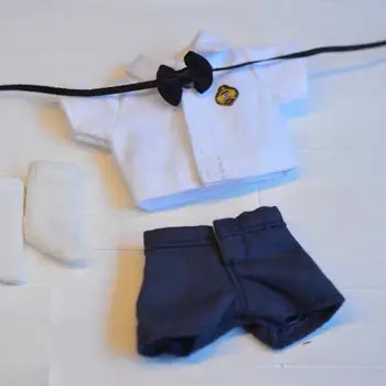 OB11 lėlės Suknelę, tinka 1/12 stilinga balta/mėlyna lankas marškinėliai + šortai/klostuotas sijonas + baltos kojinės preppy kostiumas pora 2