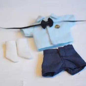 OB11 lėlės Suknelę, tinka 1/12 stilinga balta/mėlyna lankas marškinėliai + šortai/klostuotas sijonas + baltos kojinės preppy kostiumas pora 4
