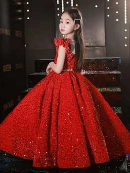 V kaklo Gėlių Mergaitės Suknelė vestuvių pamergės Gimtadienio Puotą China Karoliukai aksomo Suknelė žavinga Mergina Ilga Suknelė 2