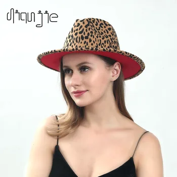 2021 žiemos fedora skrybėlės moterims mados Vienodo pločio Kraštų Panama Vilnos Veltinio Džiazo Fedora Skrybėlės vyrų Leopardas su raudona vestuvių Skrybėlę 0