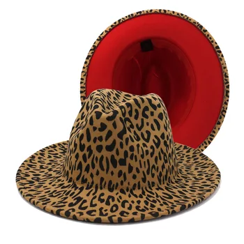 2021 žiemos fedora skrybėlės moterims mados Vienodo pločio Kraštų Panama Vilnos Veltinio Džiazo Fedora Skrybėlės vyrų Leopardas su raudona vestuvių Skrybėlę 1