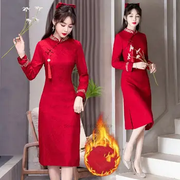 2022 kinijos vilnos pamušalu suknelė moterims cheongsam rytų vestuves qipao kinijos gėlių siuvinėjimas qipao tradicinių suknelė