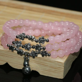 Karšto pardavimo aukštos kokybės etninės stiliaus rožinės spalvos natūralaus akmens chalcedony vienas ilgas daugiasluoksnės apyrankę apvalūs karoliukai, 6mm 