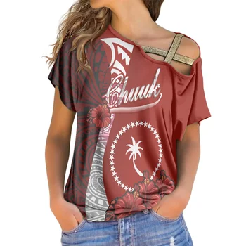 Madingi trumpomis Rankovėmis Prarasti Vieną Petį Viršuje Lady Polinezijos Genčių Chuuk Sala Gėlių Print Custom Nereguliarus T-shirt Vasaros