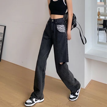 Harajuku Mada Skylę Baggy Jeans Mados Streetwear 100% Medvilnės Moterų Aukšto Juosmens Džinsinio Audinio Kelnių Prarasti Juodos Kelnės Korėjos Džinsai