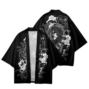 Animacinių Filmų Gėlių Dragon Spausdinami Juoda Japonų Kimono Megztinis Paplūdimio Šortai Rinkiniai Harajuku Pora Moterų, Vyrų Atsitiktinis Palaidų Streetwear