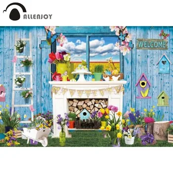 Allenjoy Pavasario Velykų Fonas Mėlynas Medienos Sienos Kiaušiniai Fotografijos Fone Sodo Katytė Gėlių Šalis Dekoras Reklama Photo Booth