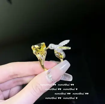 Aukso Malachito žaliojo Unikalių Paukščių Žiedas Dizaineris 18K Auksu Cirkonis Hummingbird Žiedas moterims