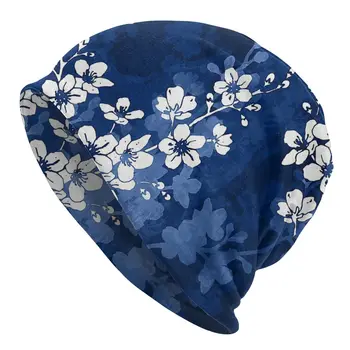 Sakura Žiedų Mėlynos spalvos Dangteliai, Kietas Slidinėjimo Skullies Beanies Skrybėlės Vyrai Moterys Suaugusiųjų Pavasario Šiltas Dual-naudoti variklio Dangčio Mezgimo Skrybėlės 0