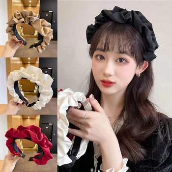 2022 Korėjos Plaukų Juostos Kietosios Spalvos HairBand Moterų Raukšlės Modelis Pledas Kaspinai Sustorėjimas, Galvos Apdangalai, Paprastas Plaukų Aksesuarai