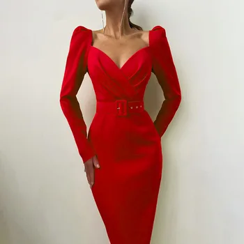 Elegantiškas Šalies Moterų Suknelė Plonas V-Kaklo, Ilgomis Rankovėmis Vidurio Blauzdos Pieštuku Suknelė 2022 Atsitiktinis Office Lady Tvirtą Raudona Sluoksniuotos Rankovėmis