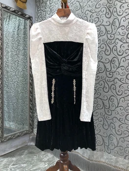 2023 naujas moterų mados ilgomis rankovėmis stand-up apykaklės, aksomo, juodos ir baltos spalvos siūlėmis kontrastingų spalvų plonas elegantiškas suknelė 1205