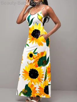 Moterims Gėlių Spausdinti Kišenės Dizaino Prarasti Atsitiktinis Spageti Dirželis Maxi Suknelė