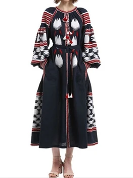 Nauji moteriški retro sunkiųjų siuvinėjimo kutas apdailos etninės vėjo linų ilga suknelė Bohemijos kelionės paplūdimio diržo megztinis suknelė 0