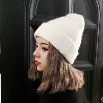 H3558 Moterų Megzti Beanie Skrybėlių Moterų Vyrai Korėjos Šiltas Sutirštės Triušio Plaukų Bžūp Atsitiktinis Rudens Žiemos Gryna Spalva Skullies Skrybėlės 0