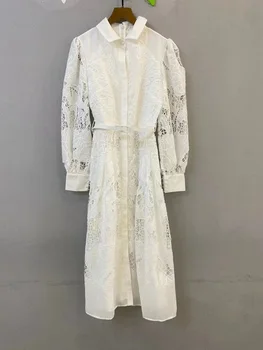 Naujausias Mados Stilius Rudens Dress 2022 Aukštos Kokybės Moterų Turn-žemyn Apykaklės Tuščiaviduriai Iš Siuvinėjimo ilgomis Rankovėmis Balta Suknelė Diržas