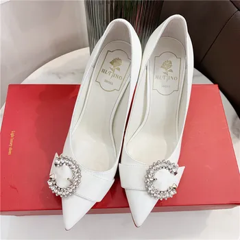 2021 vasaros naują stilių sexy lady batus baltos odos kristalų masės pointe kojų aukšto kulno siurbliai nuotaka vestuvių didelis dydis 43 8cm