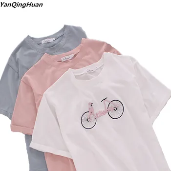 Mados Mergaitė Stiliaus Siuvinėjimų Harajuku moteriški marškinėliai 2018 m. Vasaros Medvilnės Prarasti Atsitiktinis Trumpas rankovėmis Viršūnes T-shirt Moterims 0