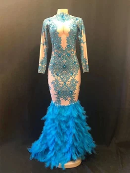 Deimantai Blue Print Moterų Ilgų Uodegų Plunksnų Suknelę Akių Skaidrus Moterų Suknelės, Naktinių Drabužių Vakarą Prom Kostiumai