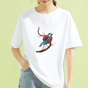 Mielas O-Kaklo Spalvos Paukštis Mados Atsitiktinis 90s Print T Tee Moterų Baltos spalvos Marškinėlius Prarasti Moterų Audinio Viršuje Grafinis T-shirts Naftos Tapyba 0