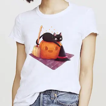 Moterų Marškinėlius Katė Saldus Nauja 2021 M. Rudenį Helovinas Viršuje Animacinių filmų Rudens Padėkos Grafinis Trišakis 90-ųjų Moterų Print T-shirt