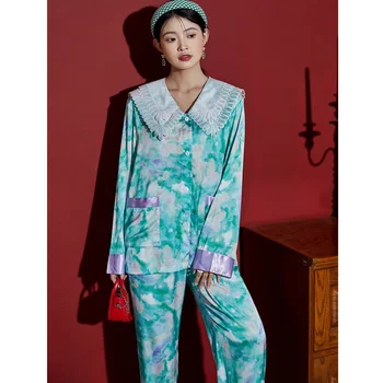 Naujas Prabangus Prarasti Satino Blue Print Sleepwear Šilko Wome s Pižama Rinkiniai ilgomis Rankovėmis, Kelnes Pijamas Moterys, naktiniai drabužiai, Laisvalaikio Namuose Kostiumas