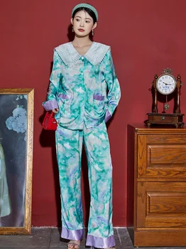 Naujas Prabangus Prarasti Satino Blue Print Sleepwear Šilko Wome s Pižama Rinkiniai ilgomis Rankovėmis, Kelnes Pijamas Moterys, naktiniai drabužiai, Laisvalaikio Namuose Kostiumas 2