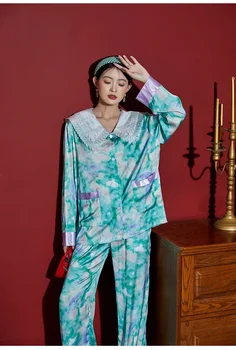 Naujas Prabangus Prarasti Satino Blue Print Sleepwear Šilko Wome s Pižama Rinkiniai ilgomis Rankovėmis, Kelnes Pijamas Moterys, naktiniai drabužiai, Laisvalaikio Namuose Kostiumas 3