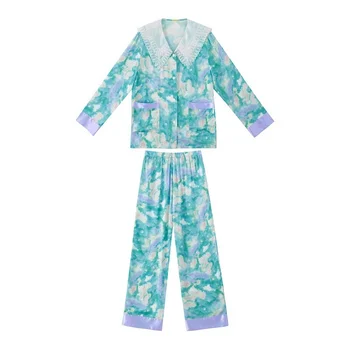 Naujas Prabangus Prarasti Satino Blue Print Sleepwear Šilko Wome s Pižama Rinkiniai ilgomis Rankovėmis, Kelnes Pijamas Moterys, naktiniai drabužiai, Laisvalaikio Namuose Kostiumas 5