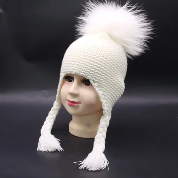 2019 New Baby Vilnos Megzta Kepurė Su Ausų Vaikų Žieminė Kepurė Dažytos Tikro Kailio Pompom Beanie Skrybėlių Vaikams 3