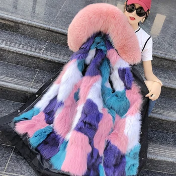 Plus Size Xlong Žiemos Nekilnojamojo Fox Fur Coat Moterų tikro Kailio Parkas Moteriška Striukė Dideli Kailiniai su Gobtuvu Moteriška Nauja Prarasti Streetwear