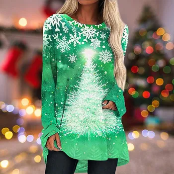 2022 Naujas Kasdien Gatvėje apvalia Kaklo Spausdinti marškinėliai Rudens Žiemos Moterų Mados ilgomis Rankovėmis Kalėdų Viršūnes Atsitiktinis Tendencija Megztinis 2