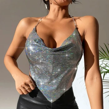 Vasaros Trikampis Deimantų Pasėlių Viršų Seksuali Moteris Blizgančio Metalo Tekstūros Suspender Klubas Backless Bralette Bako Viršuje Camisole 4