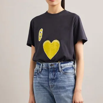 Moterų Tamsiai T-shirt Kontrastas Laiškas Spausdinti Trumpas Rankovės Retro Paprasta Meilė Dėvėti marškinėliai Mados Atsitiktinis Priemiestinių Viršuje Moterų Tees
