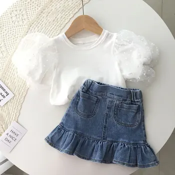 Vaikų Drabužiai 2022 M. Vasarą Burbulas rankovėmis T-shirt+pusė-ilgis džinsinio audinio suknelė kūdikių trumpą suknelę žuvies uodega suknelė Mergaitėms, Drabužiai Rinkinys