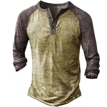 2022 m. Pavasario T-marškinėliai Vyrams Derliaus Sujungimas Spausdinti Susegamas V-Kaklo Viršūnes Atsitiktinis Palaidų Long Sleeve Tee Vyrų Mados Megztinis
