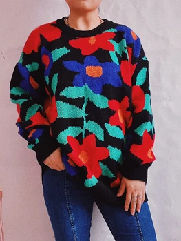 Anbenser Rudenį, Žiemą Gėlių Siuvinėjimas Apvalios Kaklo Prarasti ilgomis Rankovėmis Megzti Megztinis (Puloveris) Moterų Atsitiktinis Streetwear Viršūnės