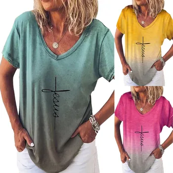 SAGACE Viršuje 2021 m. vasaros nauji moteriški drabužiai moteriški prarasti letter spausdinimo trumpas rankovės vaivorykštė gradientas V-kaklo marškinėliai