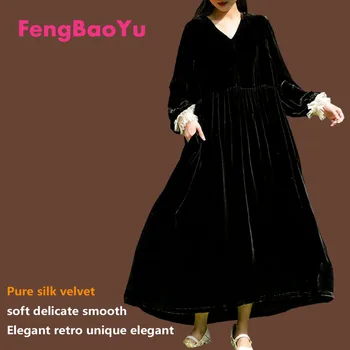 Fengbaoyu Šilko, Aksomo, Rudenį ir Žiemą Lady Lotus Lapų Krašto ilgomis rankovėmis V-apykaklės Juodos Megztos Ilgos Suknelės Moterims Prabanga