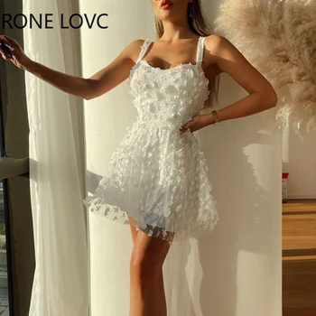 Moterų Prašmatnus Spagečiai Dirželiai Rankovių Kietas Trimatis Decorationo Linijos Vasaros Saldus Balta Suknelė 1