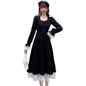 Naują pavasario ilgomis rankovėmis suknelė japonija stiliaus moteris kieto juoda suknelė