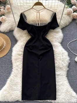 Moterų Vintage Black Boycon Suknelė Mados Trumpas Rankovės O-kaklo Tinklinio Kamuolys Pokylių Suknelės, Šaliai, 2022 Vasaros Elegantiškas Plonas Retro Skraiste 1