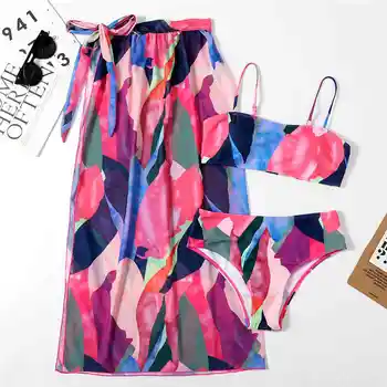 2021 Nauji Aukštos Juosmens Moterų Bikini Komplektas Su Paplūdimio Suknelė Spausdinti Kratinys Biquini Maudymosi Kostiumėliai, Push Up Maudymosi Kostiumėlis Vasaros Maudymosi Kostiumas 4
