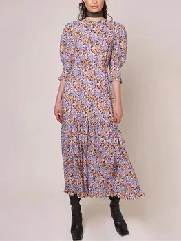 2022 Naujas Moterų Midi Suknelė Gėlių Spausdinti Plisuotos Ponios O-Kaklo Pusę Sluoksniuotos Rankovėmis-Line Elegantiškas Anksti Pavasarį Ilgai Skraiste