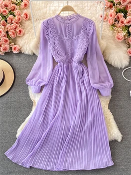 Pavasarį Moterys Elegantiška Vintage Plisuotos Midi Suknelė Ponios Nėrinių Pynimas Šifono Vestidos Šaliai, Skraistės 2022 Nauji Drabužiai 0