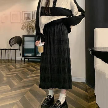 Derliaus Adinys Raukšlės Sijonas Elegantiškos Juodosios 2022 Nauja Rudens Žiemos Estetinės Sijonai Korėjos Stiliaus Aukšto Juosmens