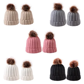 Naujas gryna spalva didelis vilnos kamuolys skrybėlę vyrų ir moterų rudens ir žiemos lauko mados mezgimo skrybėlės šiltą tėvų ir vaikų skrybėlės 4