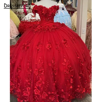 Raudona Quinceanera Suknelės nuo Peties Saldus 15 16 Chalatai 3D Gėlių Granulių Vestidos De Quinceañera