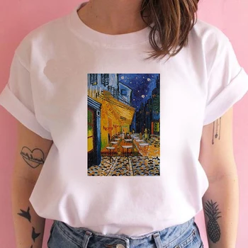 Moterys Vasarą Van Gogho Tapybai Vintage Mados Estetinės White T-Shirt 90s Mielas Str Tee Hipster Grunge Viršuje streetclothing 4