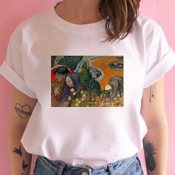 Moterys Vasarą Van Gogho Tapybai Vintage Mados Estetinės White T-Shirt 90s Mielas Str Tee Hipster Grunge Viršuje streetclothing 5